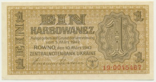 Ukraine, 1 Karbovanetz 1942 Lower left corner lightly rounded.&nbsp; Crisp, unci...