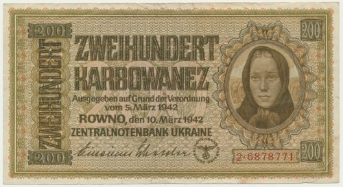 Ukraine, 200 Karbovanets 1942 &nbsp;Numerous folds but never washed or pressed.&...