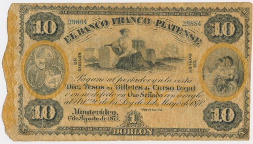 Uruguay, Banco Franco Patense, 10 Pesos 1871 &nbsp; Obiegowy stan zachowania.&nb...