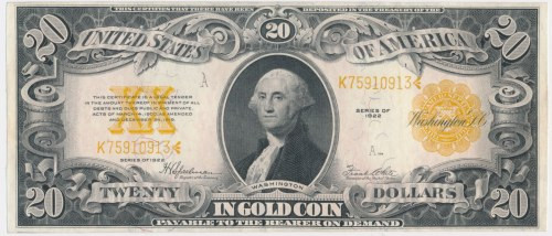 USA, Gold Certificate, 20 Dollars 1922 - Speelman & White - RARE in this conditi...