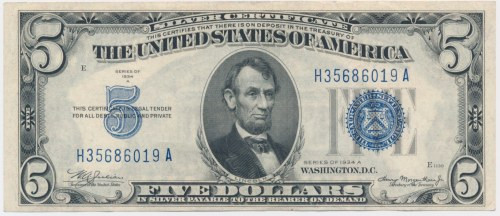 USA, Silver Certificate, 5 Dollars 1934 - A - Julian & Morgenthau Signatures Jul...