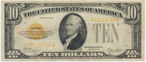 USA, Gold Certificate, 10 Dollars 1928 - Woods & Mellon Signatures Woods & Mello...