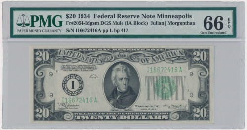 USA, Green Seal, 20 Dollars 1934 - Julian & Morgenthau - PMG 66 EPQ Signatures J...