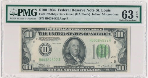 USA, Green Seal, 100$ 1934 - Julian & Morgenthau - PMG 63 EPQ Signature Julian &...