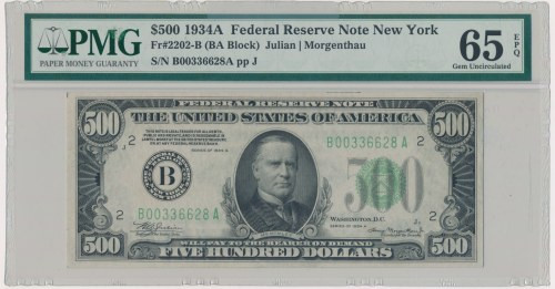 USA, Green Seal, 500 Dollars 1934 A - Julian & Morgenthau - PMG 65 EPQ Signature...