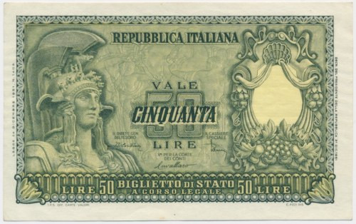 Italy, 50 Lires 1951 One verticall fold. Corner fold. Delikatna plamka na dolnym...