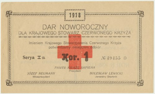 Krajowe Stowarzyszenie Czerwonego Krzyża, dar noworoczny na 1 koronę 1918 Ładnie...