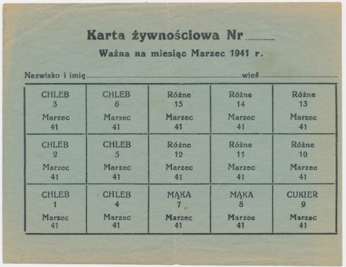 Kartka żywnościowa na chleb, mąkę i cukier 1941 Wymiary: 15.5 cm x 12.3 cm 

s...