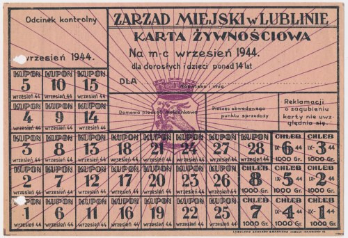 Lublin, kartka żywnościowa 1944 Karta wydana dla osób od 14 roku życia.&nbsp; Wy...
