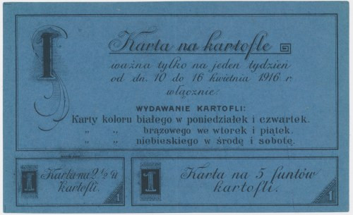 Warszawa, kartka na kartofle 1916 - niebieska - Wymiary: 18.5 cm x 10 cm 

sil...