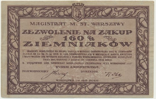 Warszawa, kartka żywnościowa na 160u ziemniaków 1918 Bardzo ładna kartka żywnośc...