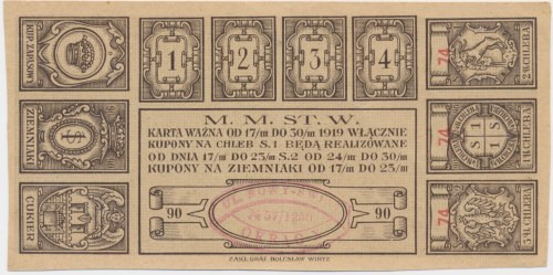 Warszawa, kartka żywnościowa na ziemniaki i chleb 1919 Wymiary: 12.8 cm x 6.8 cm...