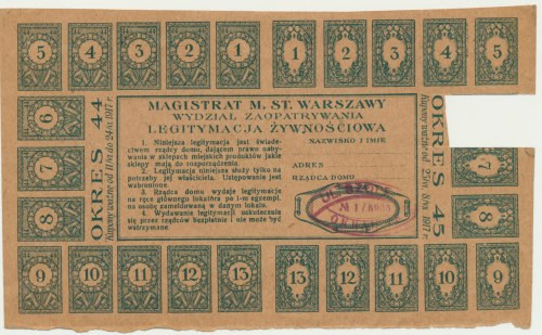 Warszawa, legitymacja żywnościowa 1917 Wycięty ręcznie, dolny margines nierówno ...