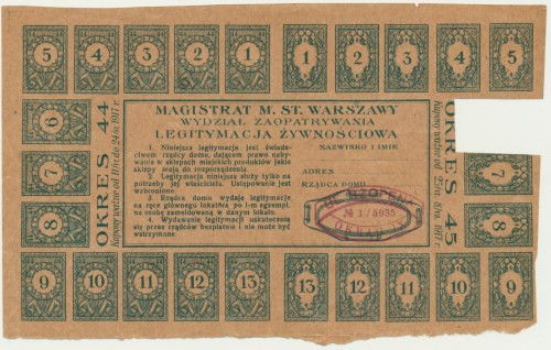 Warszawa, legitymacja żywnościowa 1917 Wycięty ręcznie, dolny margines nierówno ...