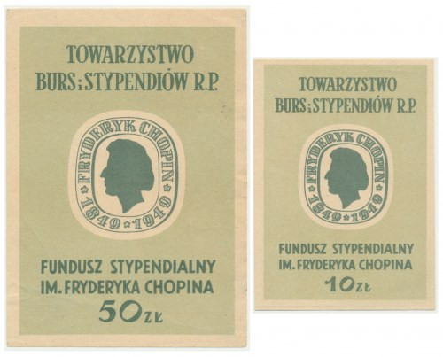 Towarzystwo Burs i Stypendiów R.P, zestaw cegiełek na 10-50 złotych 1949 (2 szt....