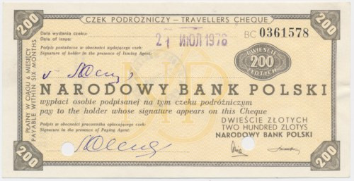 Czek podróżniczy NBP, 200 złotych 1976 - skasowany - Skasowany czek podróżniczy....