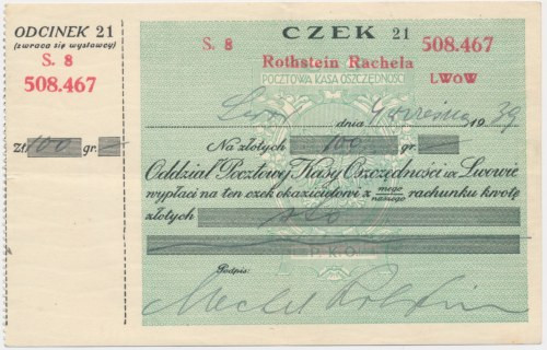 Lwów, czek PKO imienny na 100 złotych 1939 Czek imienny na Rothstein Rachela na ...