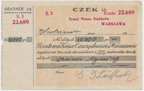 Warszawa, czek PKO imienny na 1000 złotych (1939) Czek imienny na Szmul Nusen St...