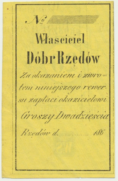 Dobra Rzędów, 20 groszy 186. Drobne zagniecenia w polu. Blankiet bez numeracji.&...