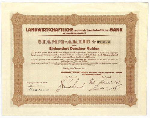 Gdańsk, Landwirtschaftliche Bank AG, 100 guldenów, 1924 Landwirtschaftliche Bank...