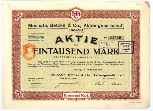 Gdańsk, Muscate, Betcke & CO., 1000 marek 1921 

BONDS AND SHARES DANZIG GERMA...