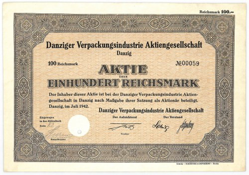 Gdańsk, Verpackungsundustrie AG, 100 marek 1942 

BONDS AND SHARES DANZIG GERM...