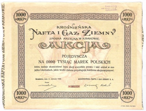 Krośnieńska Nafta i Gaz Ziemny w Krośnie S.A., 1000 mkp Efektowny projekt akcji ...