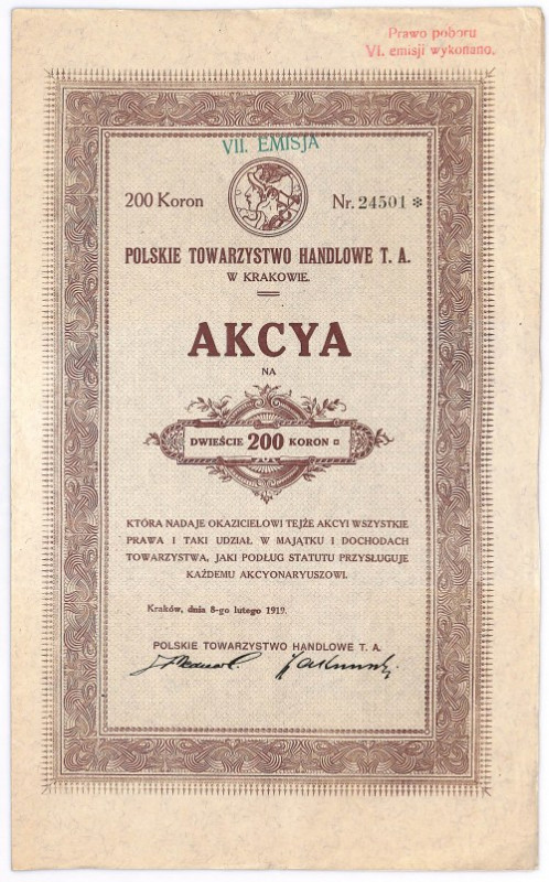 Kraków, Polskie Towarzystwo Handlowe T.A., akcja na 200 koron 1919 Spotykana kra...