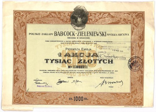 Kraków, Babcock-Zieleniewski, akcja na 1000 złotych 1929 Spółka założona po fuzj...