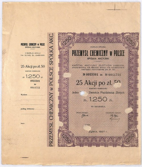 Zgierz, Przemysł Chemiczny 25 akcji po 50 zł, 1927 z blankietem Bardzo rzadka ak...