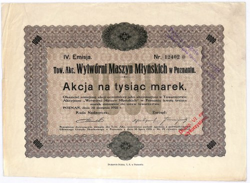 Wytwórnia Maszyn Młyńskich - 1000 mkp, IV emisja Typowa wielkopolska akcja, ale ...