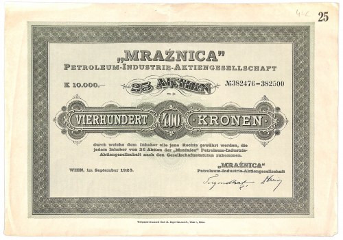 Mraźnica Petroleum Industrie AG - 25 akcji po 400 koron 1923 

BONDS AND SHARE...