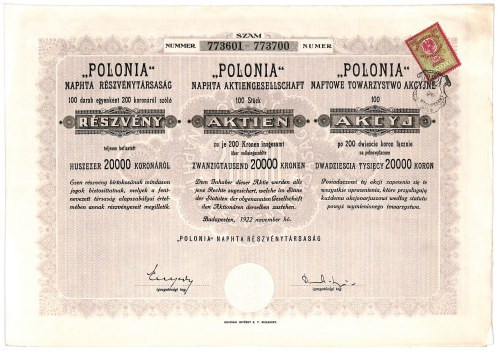 Naftowe Towarzystwo Akcyjne 'Polonia', 100 akcji po 200 koron 

BONDS AND SHAR...