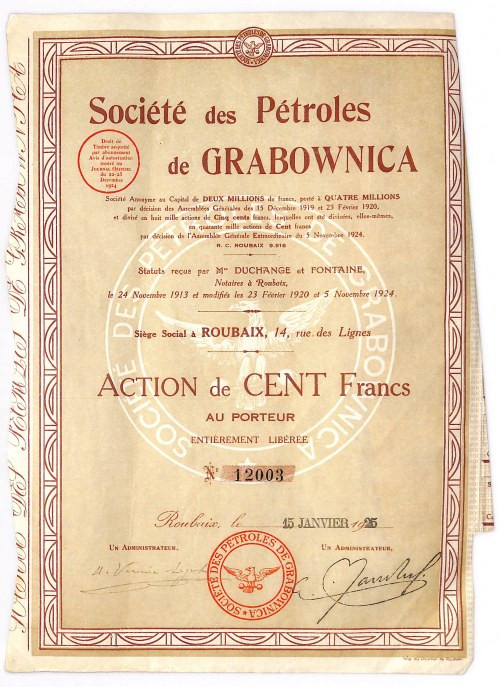 Societe des Petroles de Grabownica - akcja 100 franków, 1925 

BONDS AND SHARE...