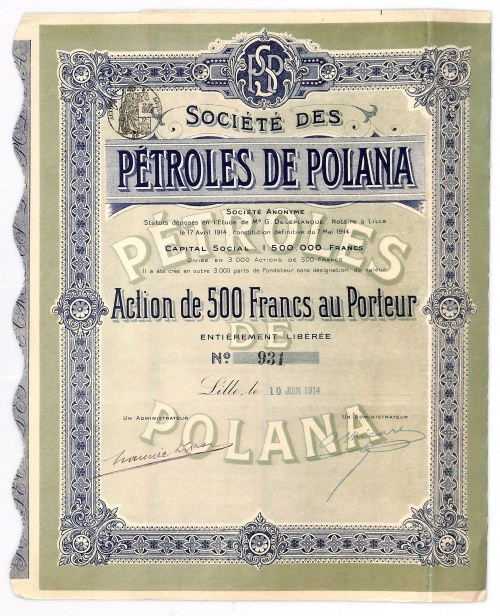 Societe des Petroles de Polana - akcja 500 franków 

BONDS AND SHARES