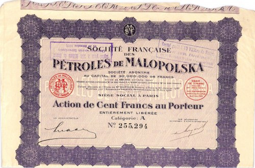 Societe Francaise des Petroles de Malopolska - akcja 100 franków 

BONDS AND S...