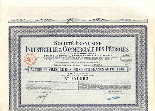 Societe Francaise Industrielle & Commerciale des Petroles - akcja na 500 franków...