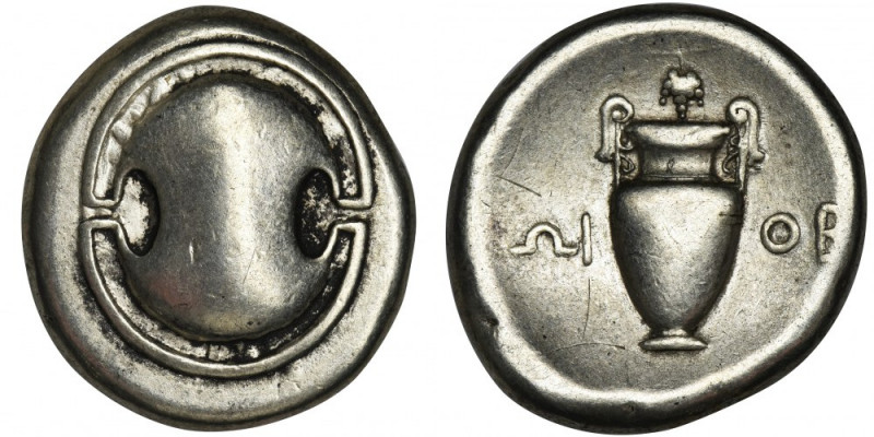 Greece, Boeotia, Thebes, Stater - legend retrograde, VERY RARE Very rare variant...