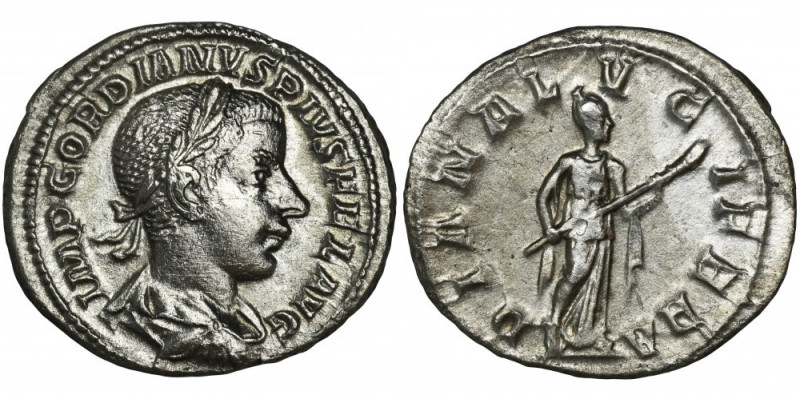 Roman Imperial, Gordian III, Denarius Issue commemorating the Emperor return fro...