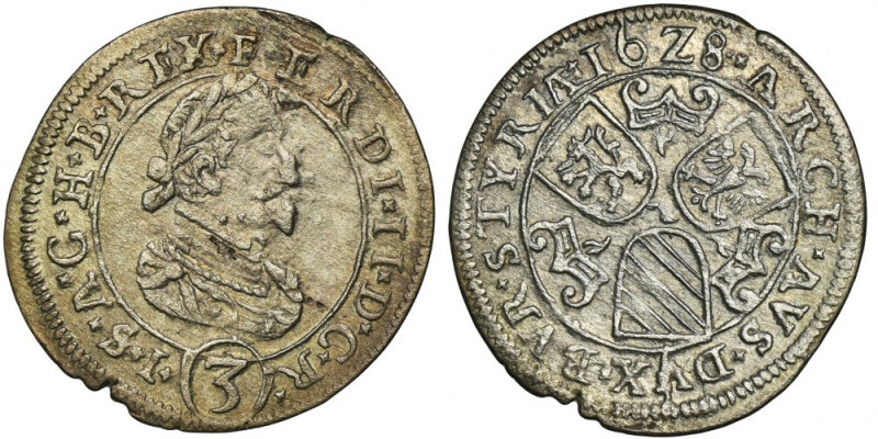 Austria, Ferdinand II, 3 Kreuzer Graz 1628 Variety with small bust. Odmiana z&nb...