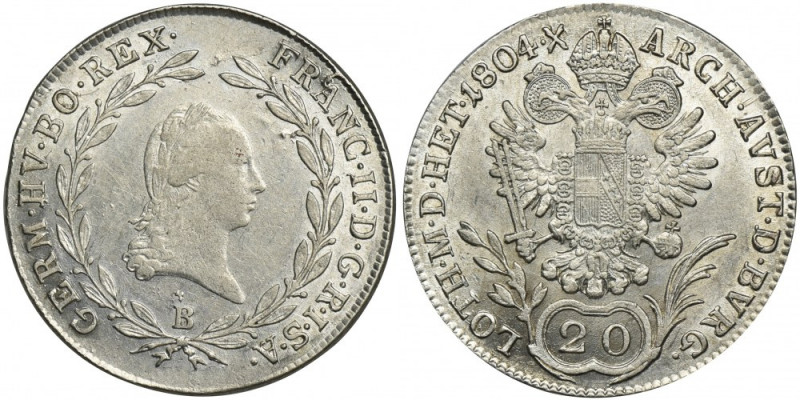 Austria, Franz II, 20 Kreuzer Kremnitz 1804 B &nbsp; Ładny, zegarowy połysk.&nbs...