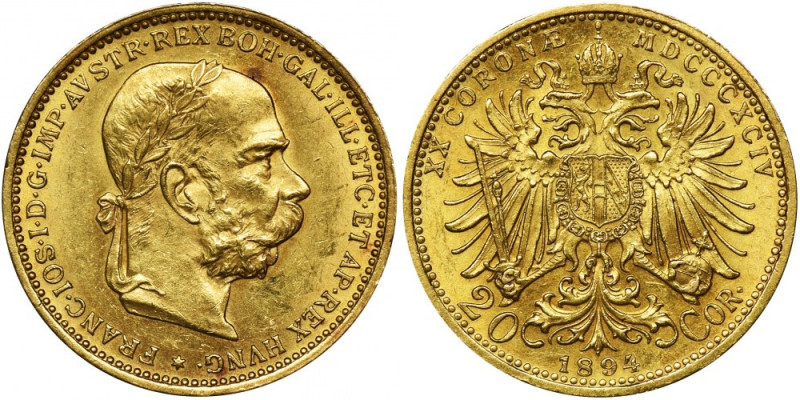 Austria, Franz Joseph I, 20 Corona Wien 1894 Weight 6.76 g Menniczy egzemplarz z...