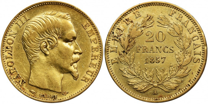 France, Napoleon III, 20 Francs Paris 1857 A Weight 6.45 g Egzemplarz z delikatn...