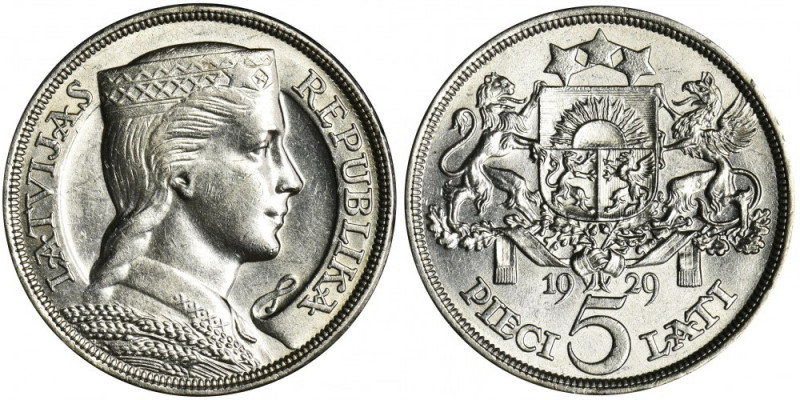Latvia, Republic of Latvia, 5 Lati 1929 &nbsp; Ładna sztuka z połyskiem. Srebro ...
