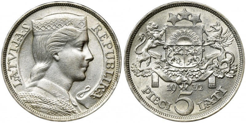 Latvia, Latvian Republic, 5 Lati 1932 Very nicely preserved coin.
 Silver '835'...