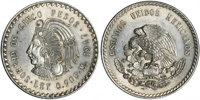 Mexico, Republic, 5 Pesos 1947 Cuauhtemoc &nbsp; Srebro próby '900'.
Reference:...