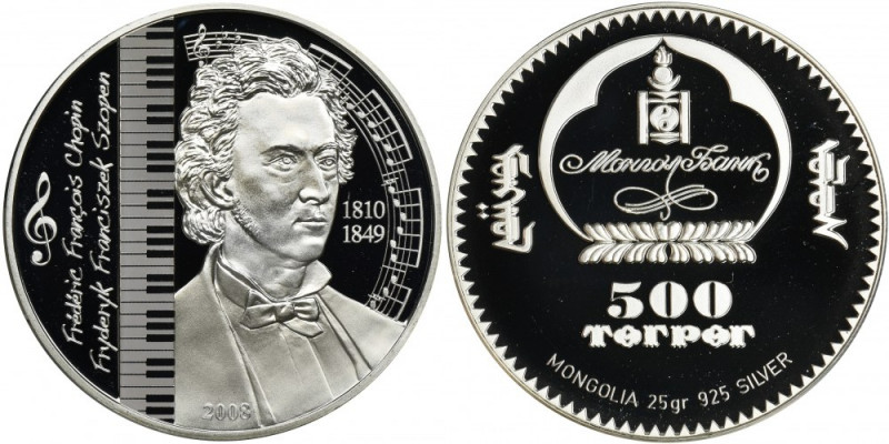 Mongolia, 500 Tugrik 2008 Occasional issue with Frederic Chopin.
 Emisja okolic...