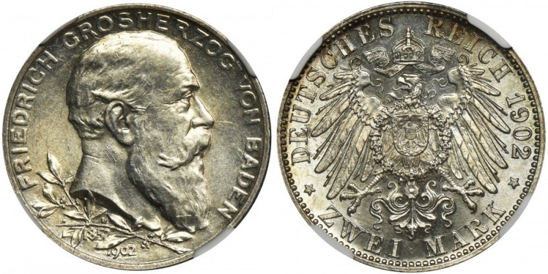 Germany, Baden, Friedrich I, 2 Mark Karlsruhe 1902 G - NGC MS63 Coin with mint l...
