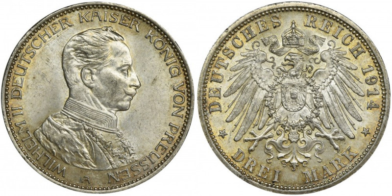 Germany, Kingdom of Prussia, Wilhelm II, 3 Mark Berlin 1914 Bust of emperor in u...