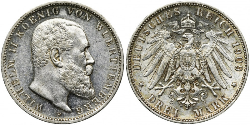 Germany, Wirtemberg, Wilhelm II, 3 Mark Stuttgart 1909 F Very nice piece. Świeże...